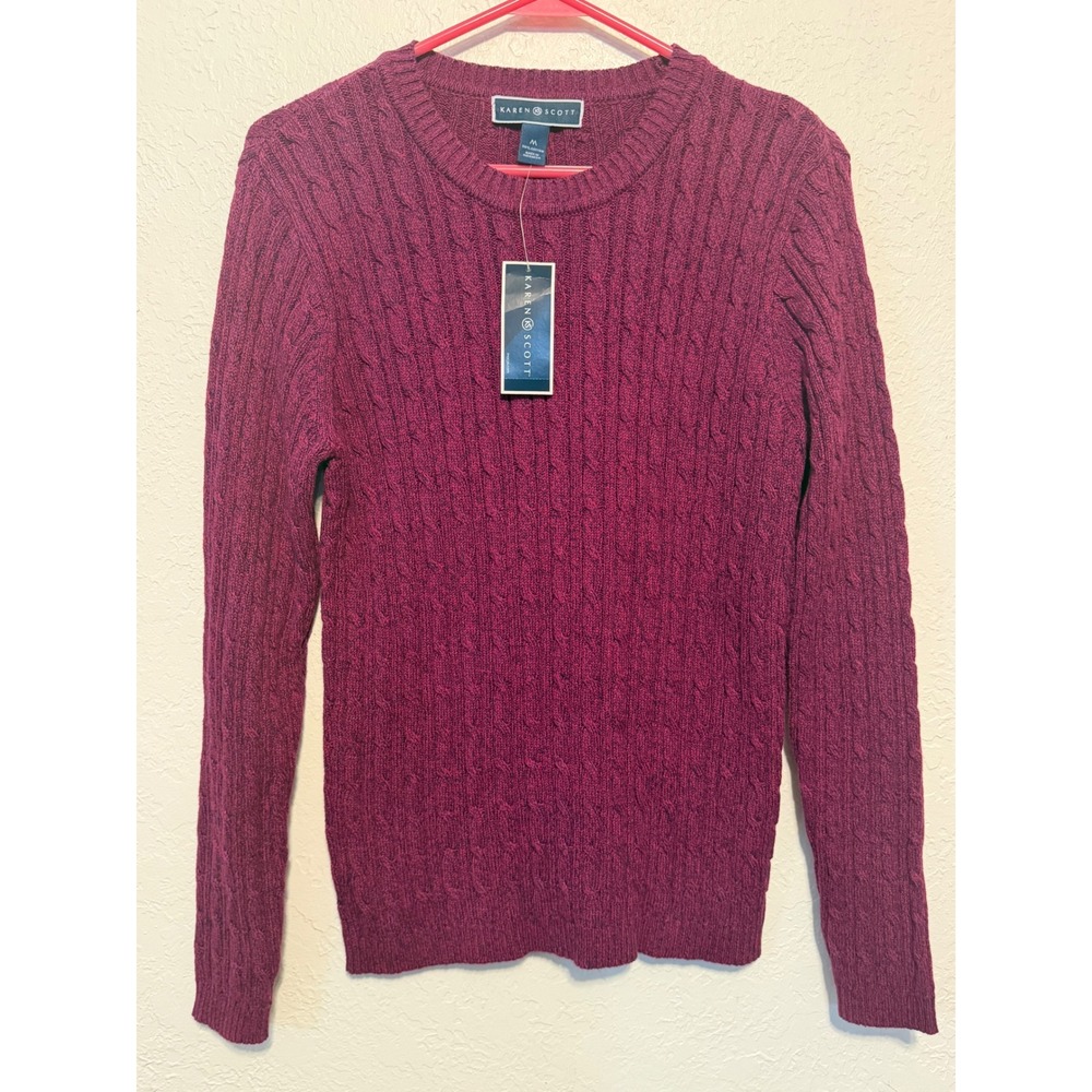 Karen Scott Purple Passion Marl Cable Knit Cotton Crewneck Sweater 90028PF243